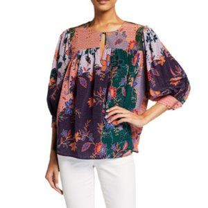 New Johnny Was Deneb Peasant Floral Blouse Silk
